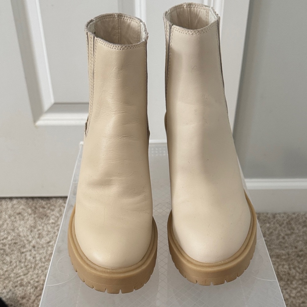 Dolce Vita Cream Leather Ankle Boots with Tan Platform Sole